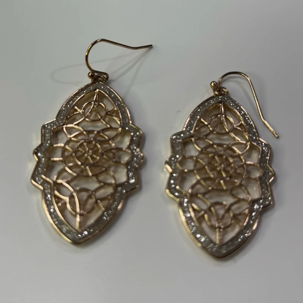 Beautiful Gold Colored & Rhinestone Dangle Earrings - Picture 3 of 6